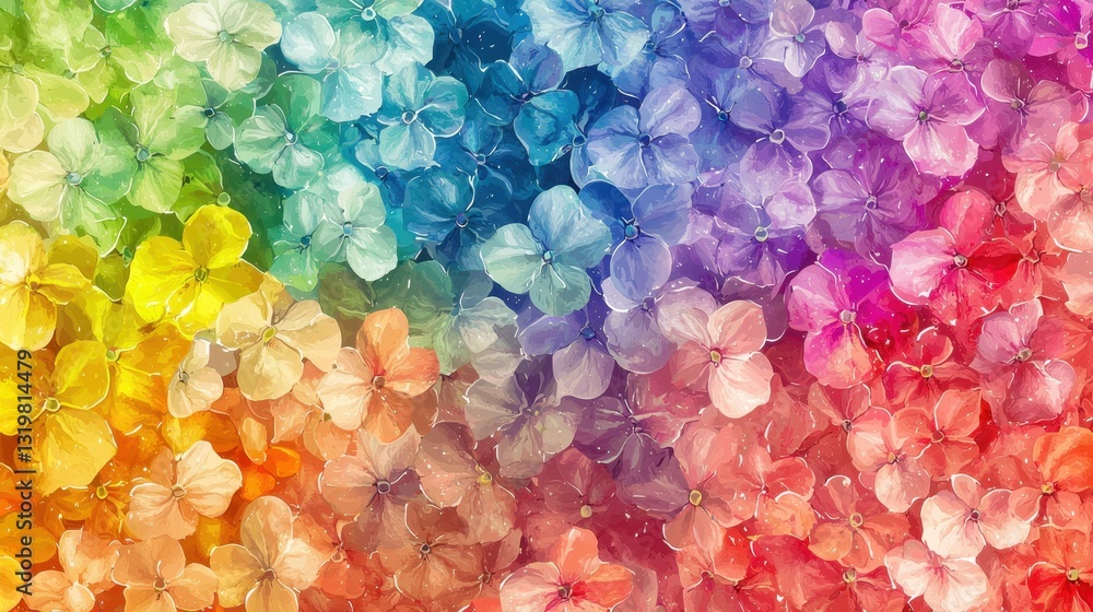 Poster an array of multicolored flowers forms a beautiful gradient, showcasing shades from red to violet. t