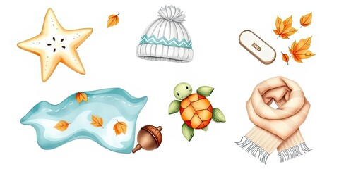 Autumn Watercolor Collection Starfish Hat Scarf Turtle Leaves