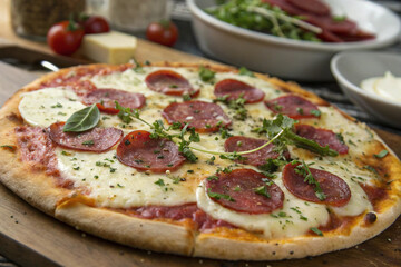 Close-up of a delicious pepperoni pizza on a wooden board.