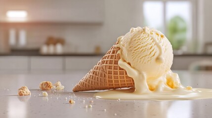 playful ice cream cone, rubbery spilled scoop on smooth countertop, convincingly realistic design
