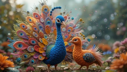 Obraz premium Vibrant Peacock and Hen Couple in a Magical Garden Setting