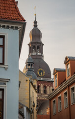 Fototapeta premium Riga old town towers and rooftops of old town skyline. European old school architecture style designed towers of churches and buildings