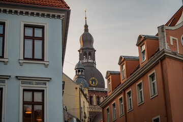 Fototapeta premium Riga old town towers and rooftops of old town skyline. European old school architecture style designed towers of churches and buildings
