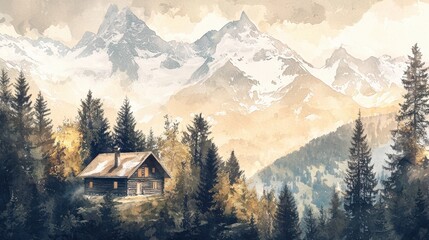A quaint wooden cabin is surrounded by tall evergreen trees and breathtaking mountains. The soft sunlight illuminates the tranquil scene, creating a peaceful atmosphere in nature