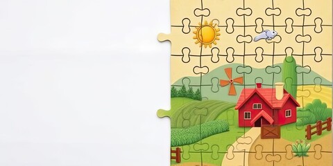 Naklejka premium Partially Completed Farm Puzzle Red Barn Windmill Sun