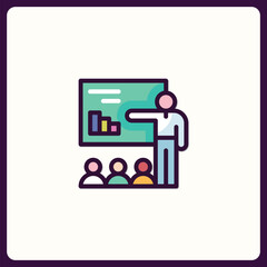 Conference presentation icon, presenter sharing infographic and data chart