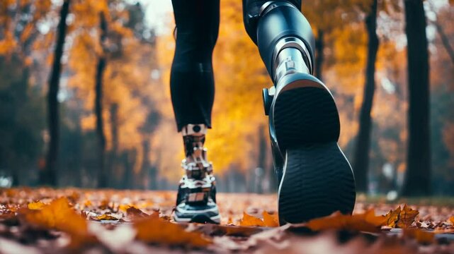 Man with prosthetic legs walking in a park during autumn with fallen leaves background