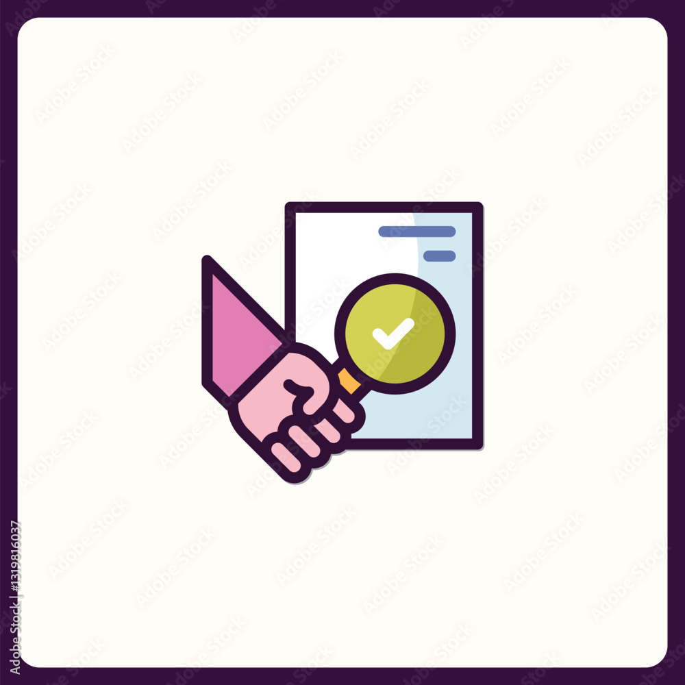 Poster analyzing document icon with magnifying glass for quality control checkup