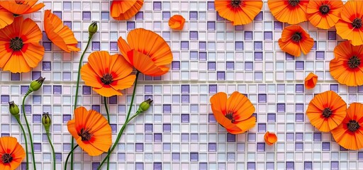 Vibrant Orange Poppies on Purple and White Mosaic Tile