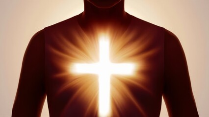 A powerful digital artwork of a glowing cross shining from within a person’s chest, symbolizing faith, inner light, spirituality, and divine presence, evoking deep inspiration and devotion.