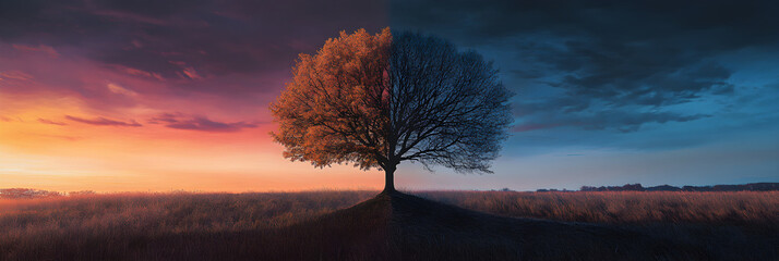 Nature's Transition: Seasonal Change Captured in a Single Moment with a Sky from Dusk to Dawn