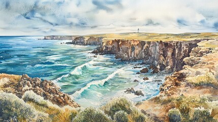 A vibrant coastal landscape showcases rugged cliffs meeting the ocean, with waves crashing against the rocks. In the distance, a lighthouse stands tall under a dramatic sky at sunset