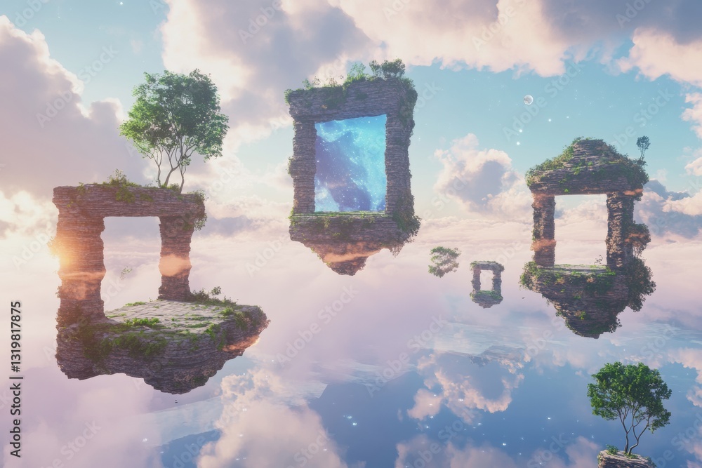 Poster floating islands illustrating virtual world portals in the metaverse landscape during a serene dayti