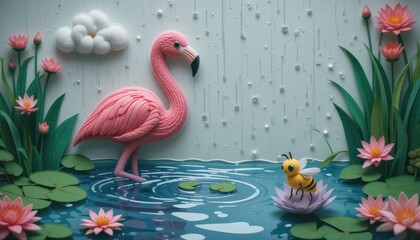 Pink Flamingo and Bee in Rainy Paper Art Scene with Lotus Flowers
