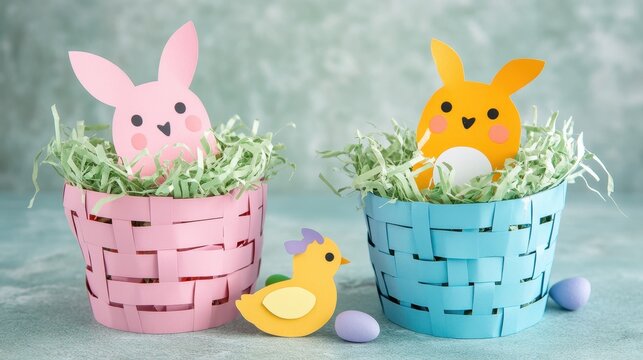 DIY woven paper Easter baskets filled with grass and cute cutouts for festive decoration