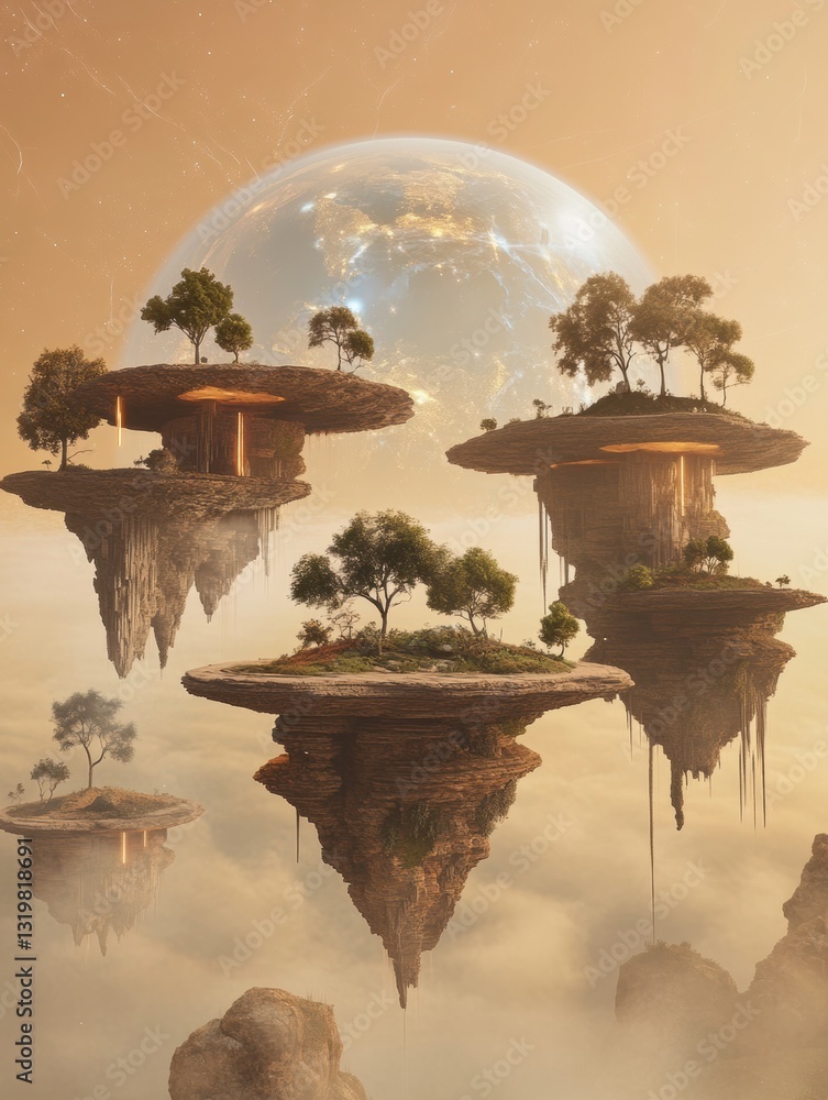 Poster floating islands connected by portals illustrate gateways to diverse virtual worlds in an expansive 