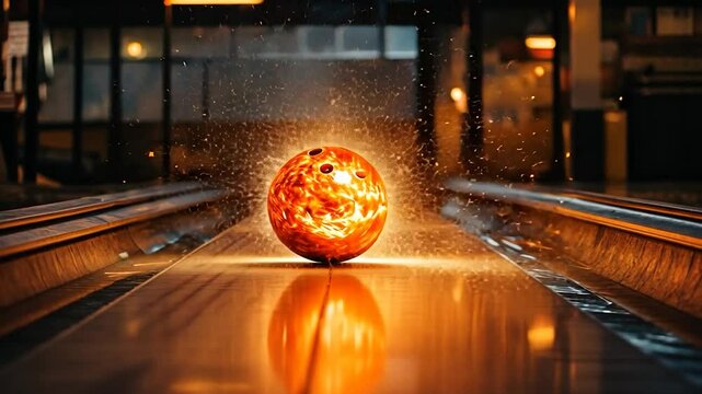 Fiery bowling ball on a lane with sparks.