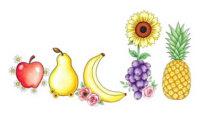 Colorful Fruit Flower Illustration Apple Pear Banana Grapes Pineapple Sunflower