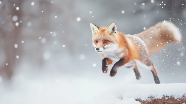 Dynamic red fox leaping through snowy winter scene with sunlit bokeh