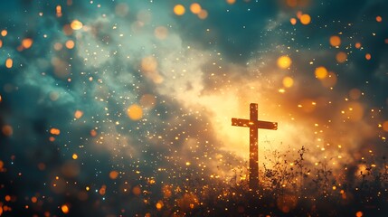 Silhouette of a wooden cross against a dramatic, fiery sunset sky with bokeh lights.