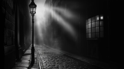 Dark Foggy Alley at Night with Cobblestone Street and Vintage Lamp Post