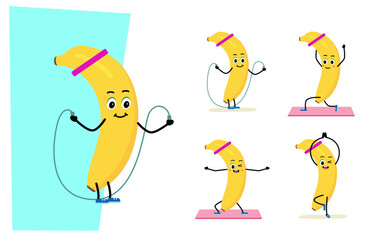 Fototapeta premium Cute Banana character. sport - Skipping rope, yoga. concept of a healthy lifestyle and sports. Vector illustration in flat style.