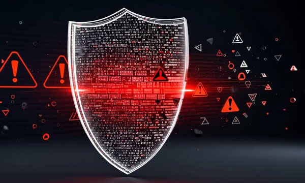 Digital Animated Shield with Red Alert Symbols and Data Breach Concept