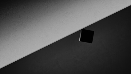 This captivating composition features a bold black cube on a diagonal split, separating light and dark surfaces, ideal for modern design themes of sophistication and creativity