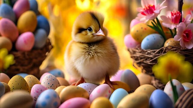 Kleines K&uuml;ken zwischen bunten Ostereiern