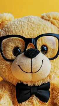 Cute teddy bear wearing glasses and bow tie against a bright yellow background, ideal for children's decoration