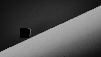 A stark composition featuring a black cube levitating above a sleek, diagonal surface, embodying modern minimalism and abstract art