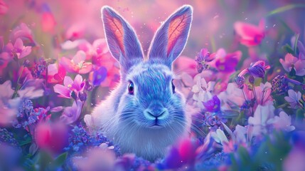 A fluffy rabbit with large ears sits surrounded by blooming flowers in shades of purple and pink. Soft light adds a magical glow to the serene spring atmosphere
