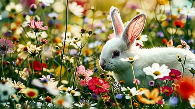 Osterhase zwischen bunten Blumen und Eiern