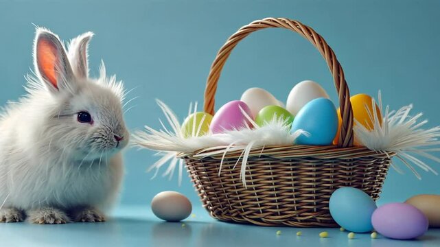 Wei&szlig;es Kaninchen neben Osterkorb mit Eiern