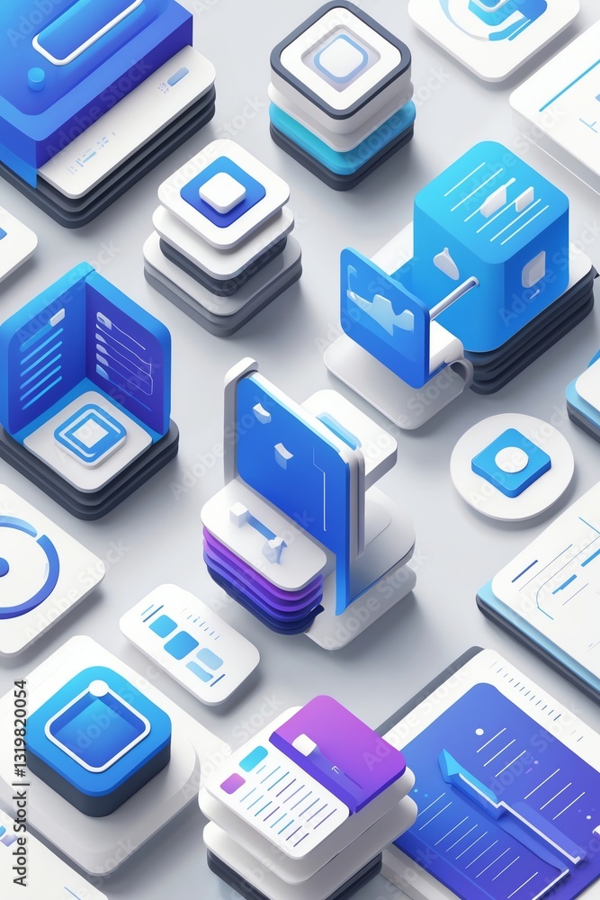 Poster isometric application icons displaying digital interface elements and modern design