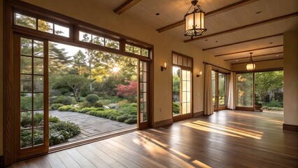 grand home entrance featuring wooden doors, high ceilings, and warm lighting, offering a welcoming and elegant ambiance.