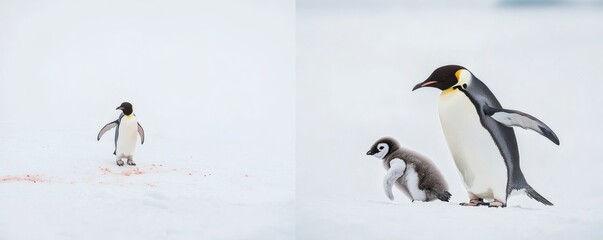 A lone penguin chick follows its parent across a snowy landscape