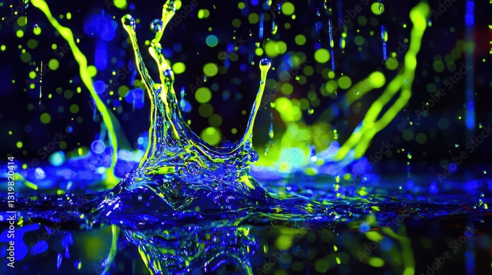 Poster water droplets burst into colorful splashes against a dark backdrop, creating a mesmerizing display 