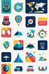 Travel and Adventure Icon Collection Featuring Backpacks, Mountains and Transportation