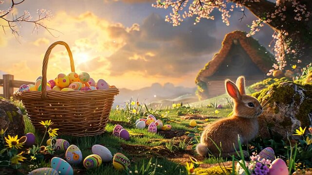 Osterkorb auf Wiese mit Hasen in Fr&uuml;hlingslandschaft