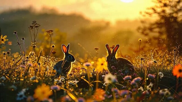 Zwei Hasen im goldenen Sonnenuntergang auf Wiese