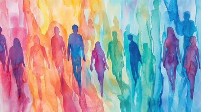Silhouetted figures of various individuals move across a bright, watercolor backdrop filled with warm and cool hues. The artwork captures a sense of unity and diversity