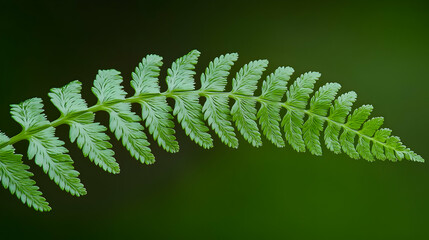 Detailed Macro Shot of a Vibrant Green Fern Leaf on Dark Green Background with Subtle Light