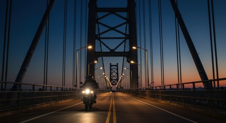 Obraz premium Motorcycle on Suspension Bridge at Twilight