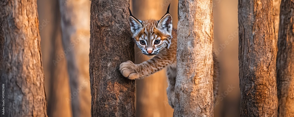 Poster a small bobcat cub is peering through tree trunks in a forest