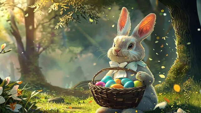 Hase mit Osterkorb voller Eier auf gr&uuml;ner Fr&uuml;hlingswiese