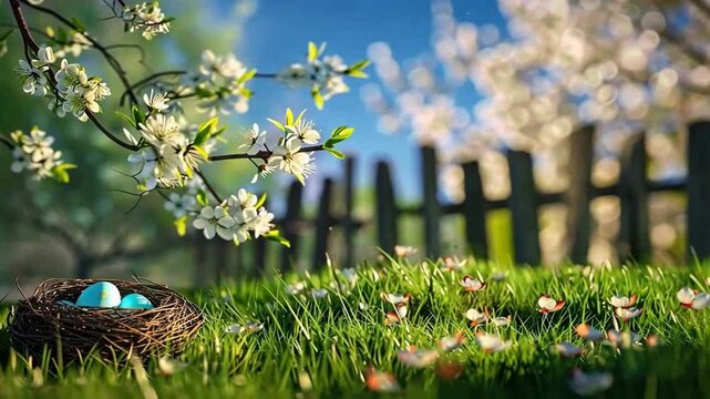 Ostereier im Gras unter einem bl&uuml;henden Baum vor wei&szlig;em Zaun