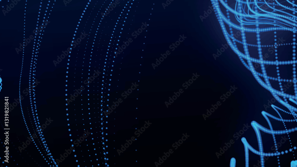 Poster dynamic wave of glowing particles. abstract dotted lines on dark background. chaotic colored lines. 