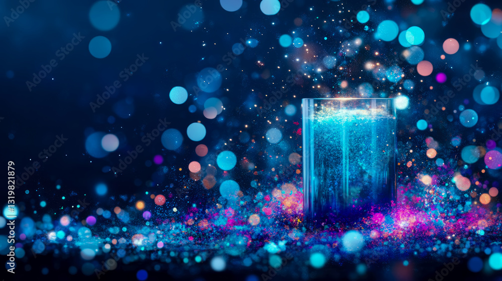 Poster mystical liquid: glass container filled with ethereal blue sparkle and light, creating a magical eff