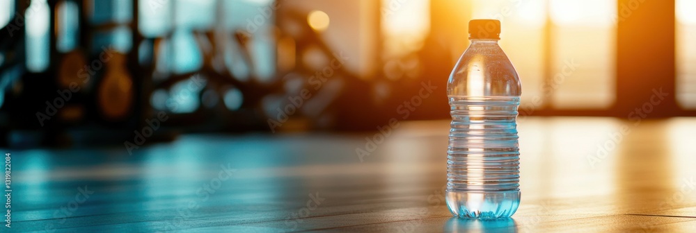 Poster minimalist transparent water bottle in a gym setting with ample space for text and clean design duri